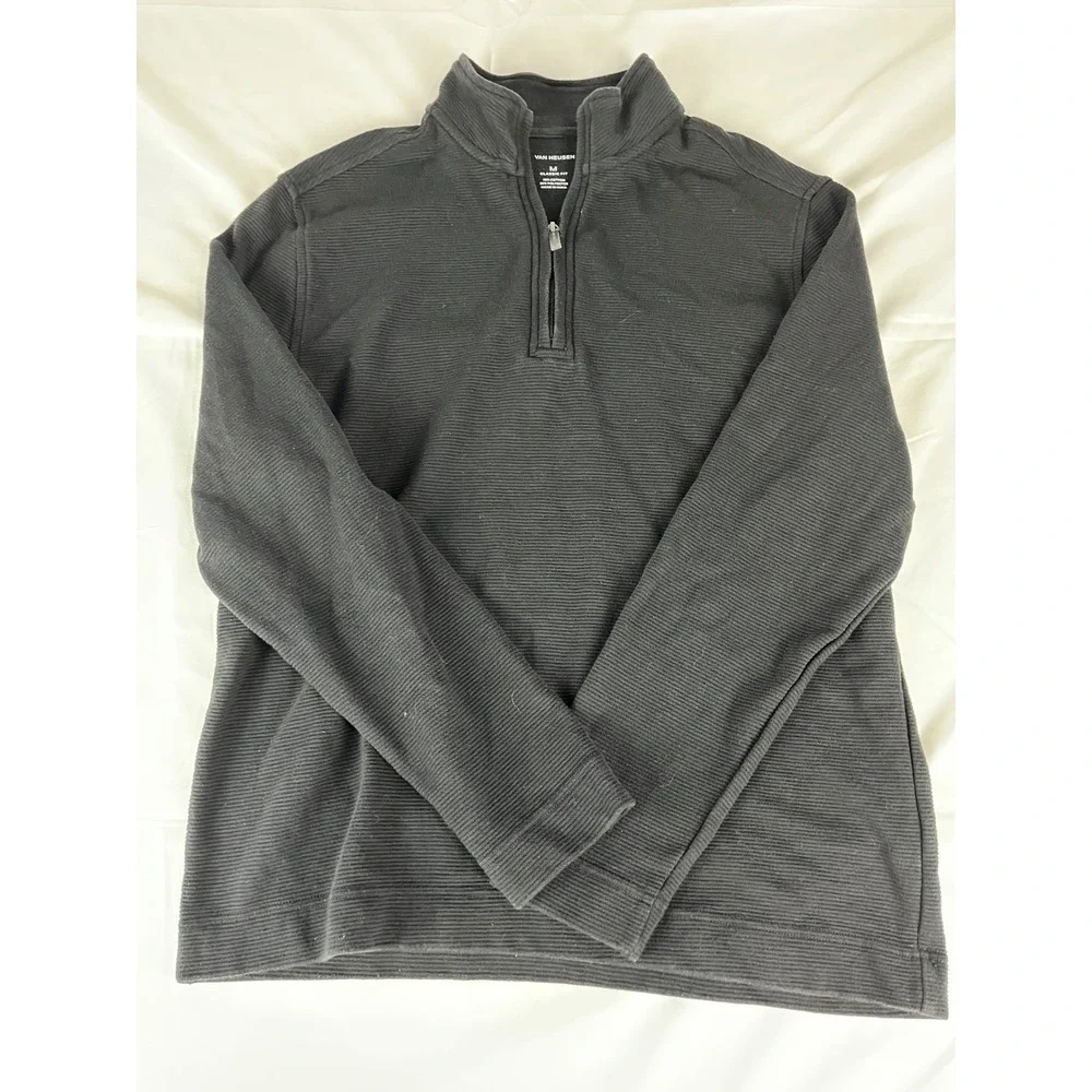 Van Heusen Mens Medium Black 1/4 Zip Pullover Classic Fit‎ Ribbed Long Sleeve